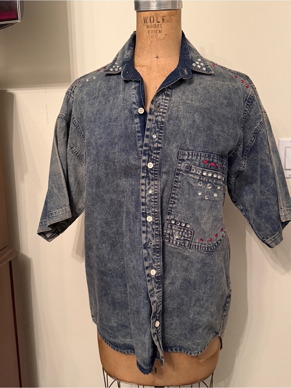 Vintage Acid Wash Embellished Denim Button-Up Shirt